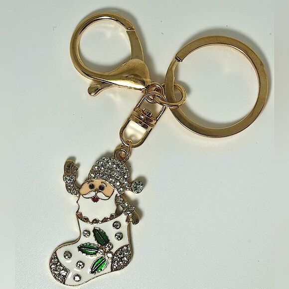 BAG CHARM Gold Tone Holiday Santa in Stocking - Picture 2 of 4